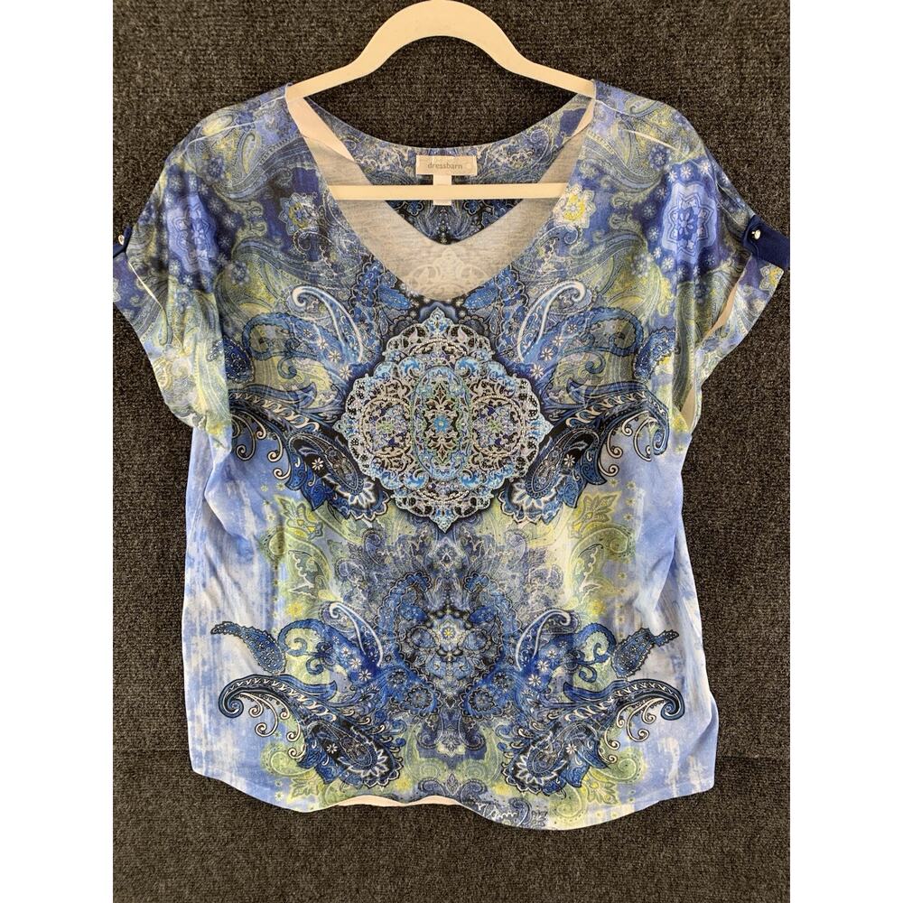 Dressbarn Shirt Blue Gypsy Blouse Boho Top Casual Comfort Paisley Size 1X - Picture 2 of 10